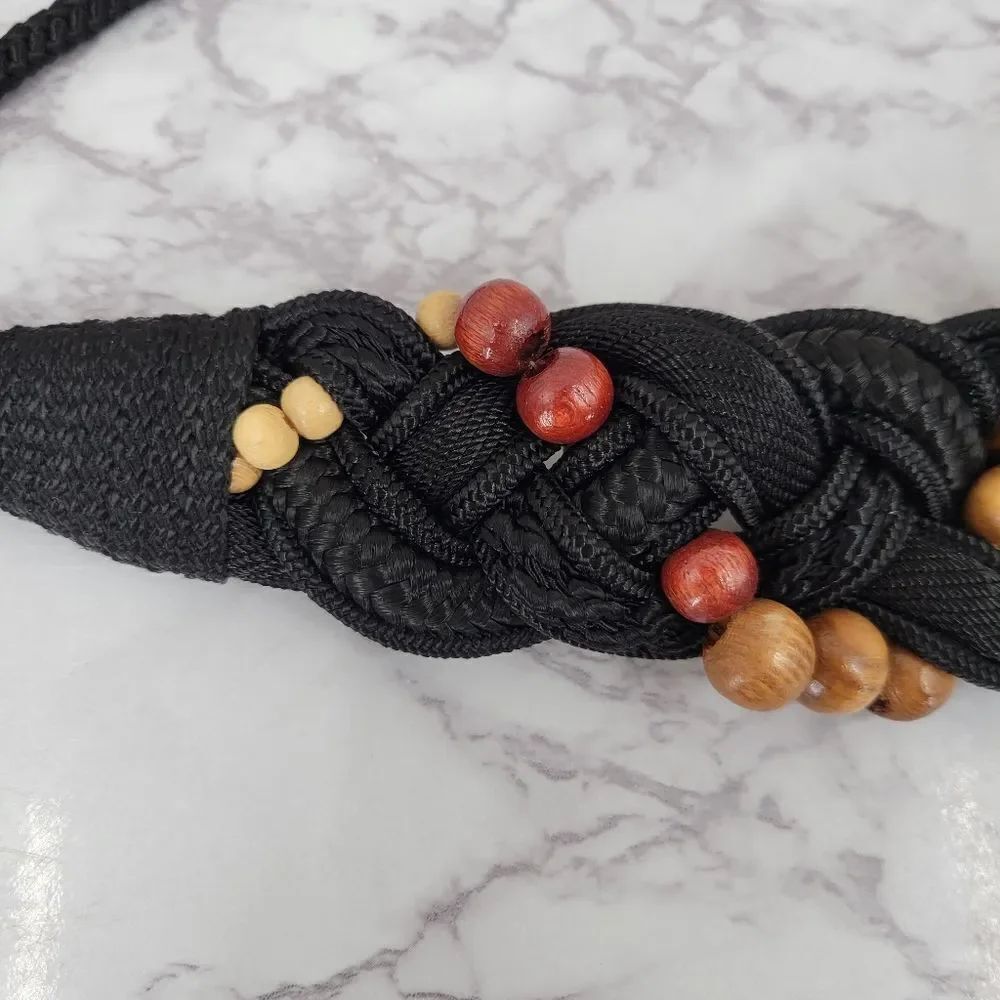 Black Braided Belt with Wooden Beads Vintage 80s Nylon Strech Cord Woven - Picture 6 of 9